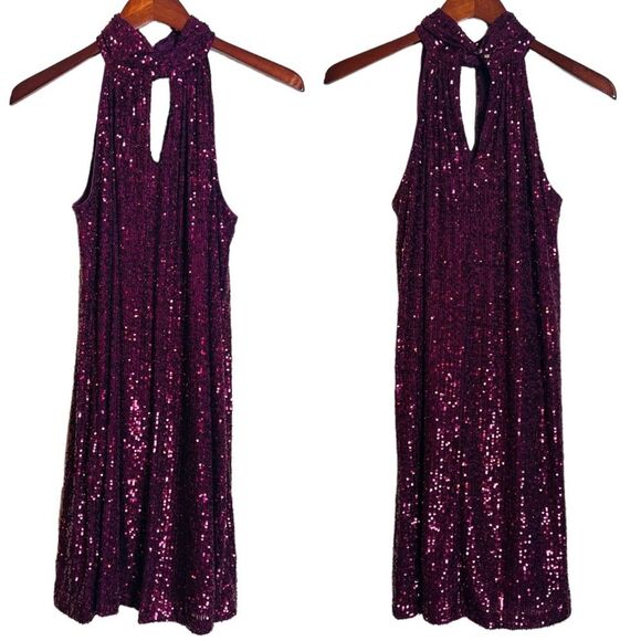 The Limited Burgundy Wine Sequin Halter Neck Mini Dress Size XL - Picture 2 of 9